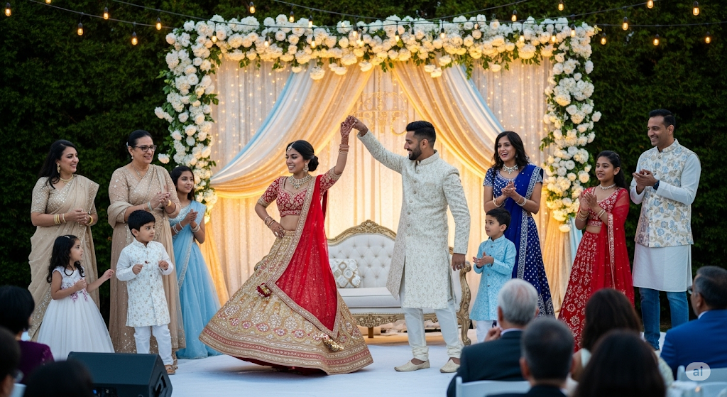 Couple dancing during sangeet ceremony